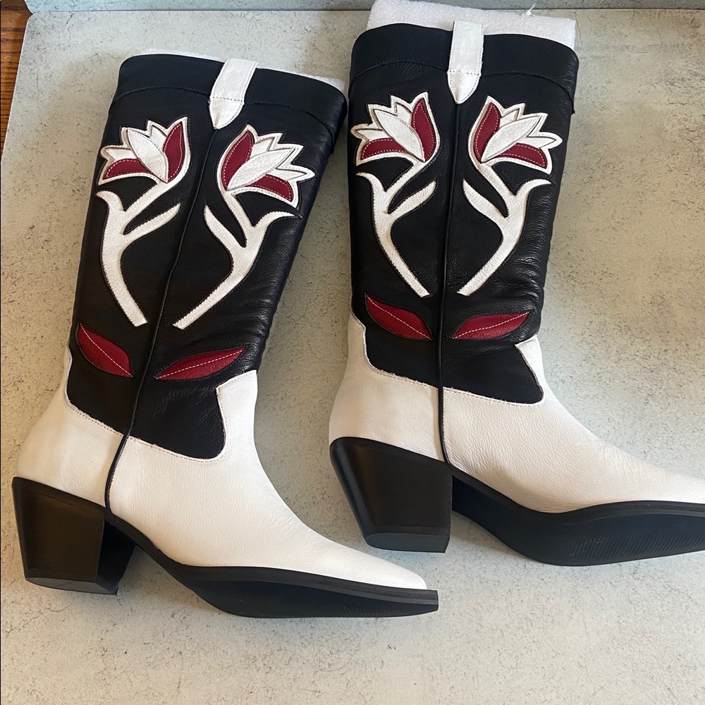 New Matisse Western Boots Black White Red Leather Floral Cowboy Tall Boot Sz 8 - Picture 2 of 9